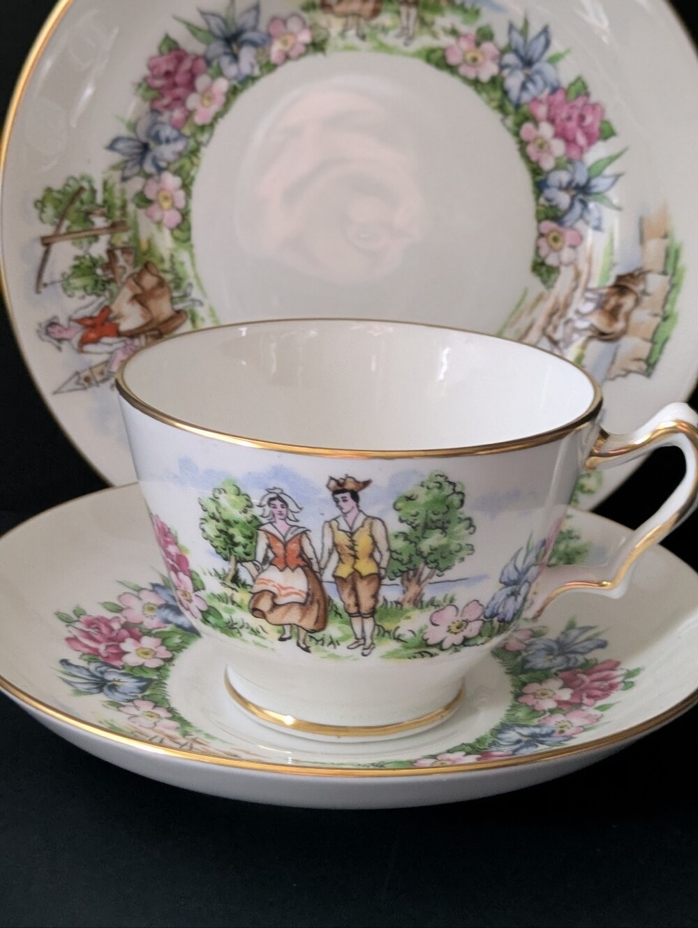 Crown Staffordshire Evangeline's Arcadian Gardens Trio Vintage Cup Saucer Plate